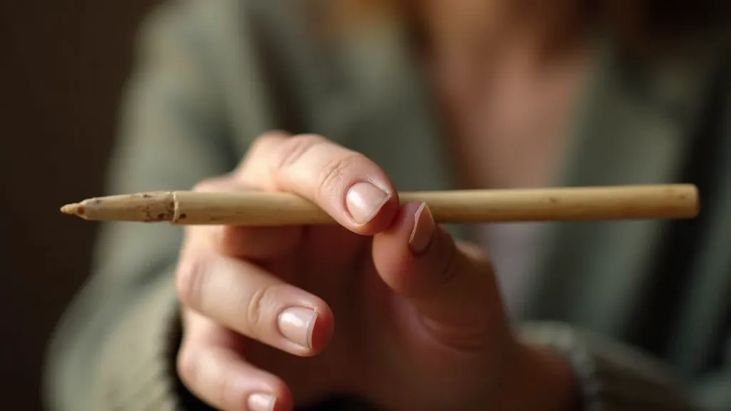Antique bone knitting needle held in a hand