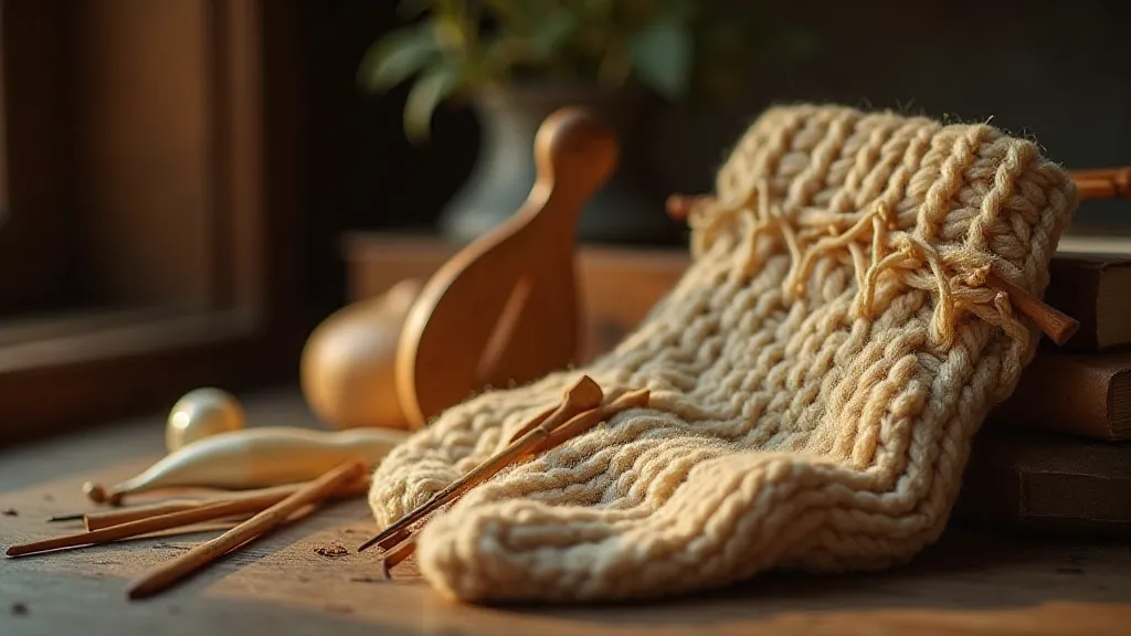 Antique knitting needles and a woolen stocking