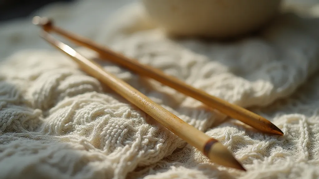 Antique bone knitting needles on a quilt