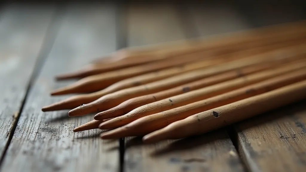 Antique wooden knitting needles on a table