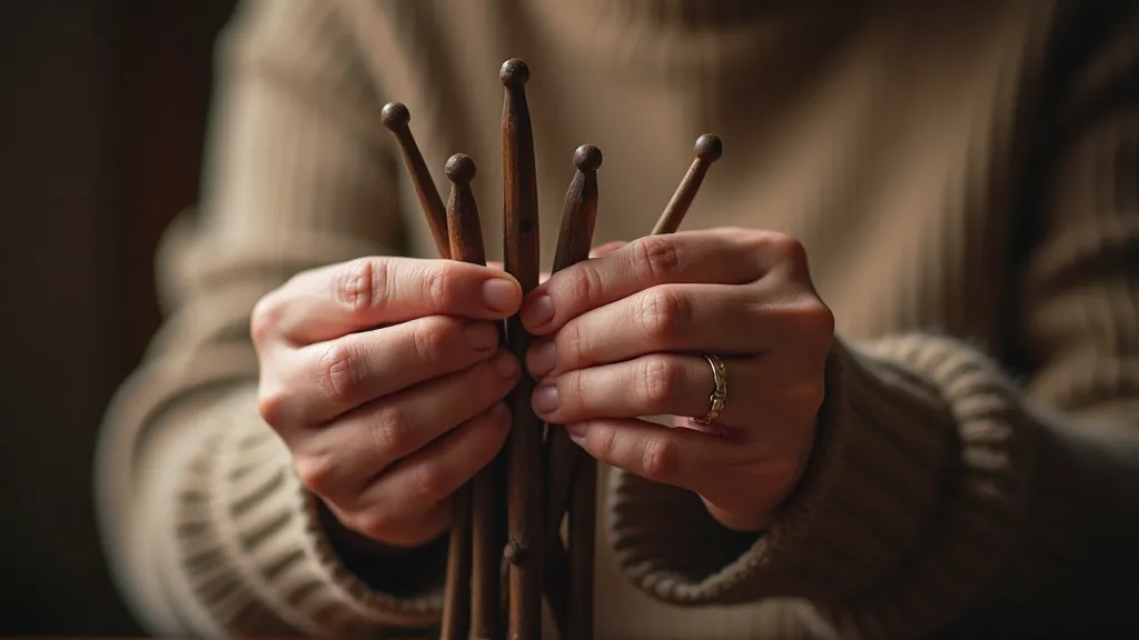 Elderly woman holding antique knitting needles.