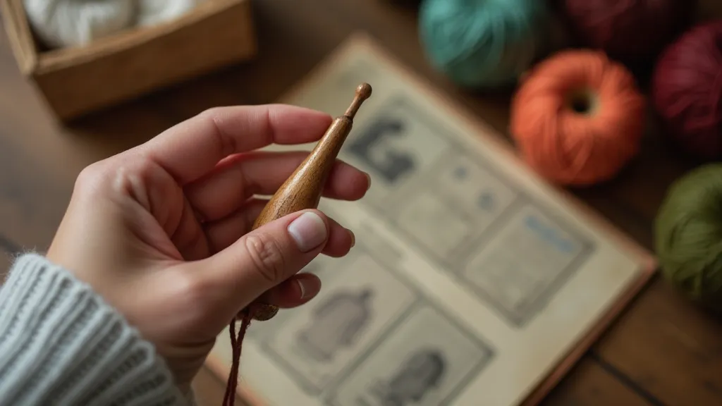 Hand holding vintage wooden knitting needle