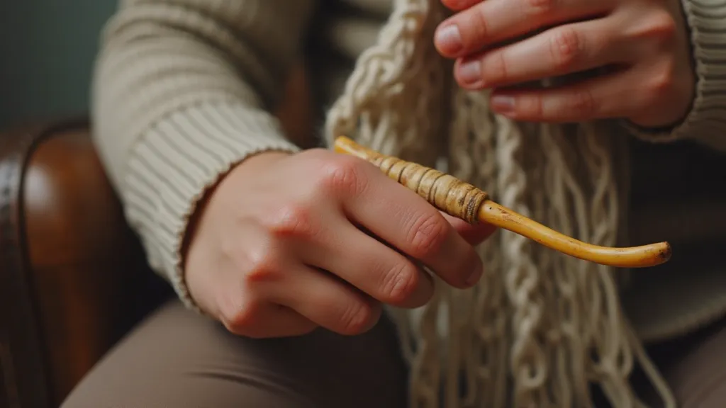 Hand holding antique knitting needles