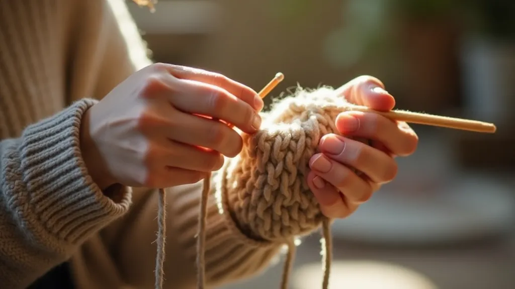 Woman knitting with antique needles