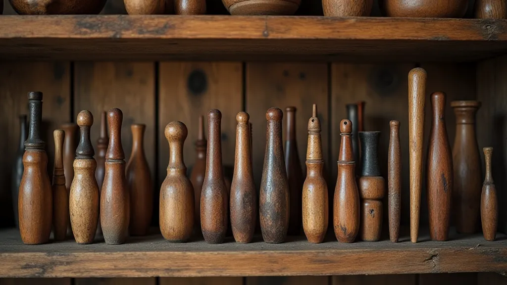 Antique knitting needles on a shelf