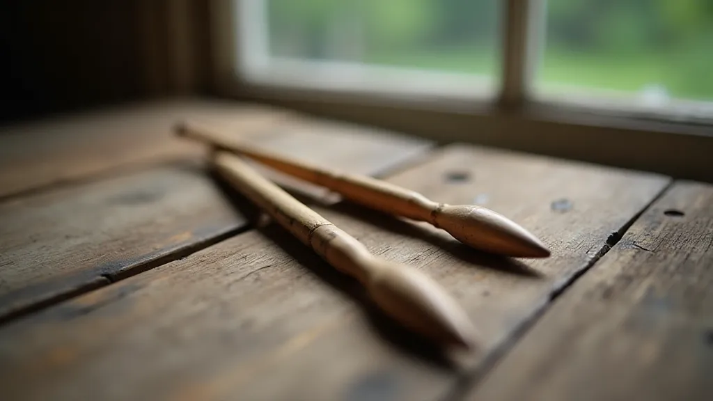 Antique knitting needles on a wooden table